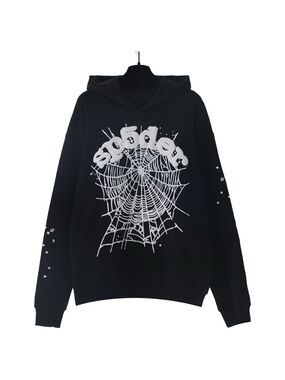 Black Graphic Spider Web Hoodie Sweatshirt with White Print